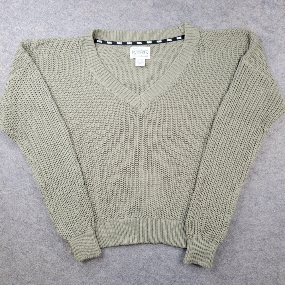 Forenza Sweater Womens Medium Green 100% Cotton V Neck Chunky Knit‎ Pullover
